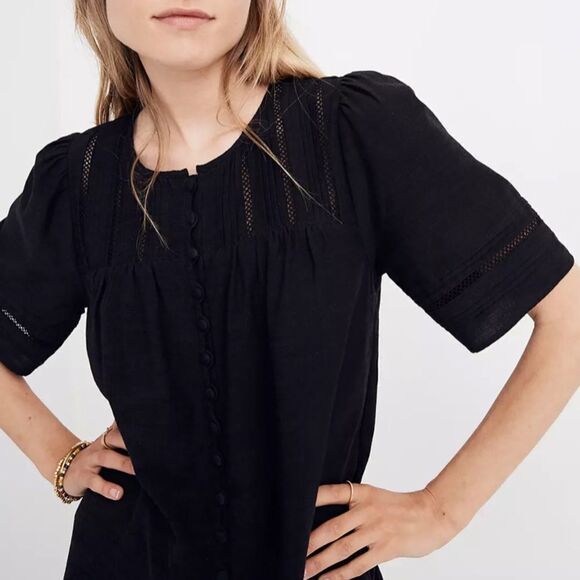 MADEWELL Pleated Button Front Peasant Shift Dress Black Size XS - Picture 2 of 11